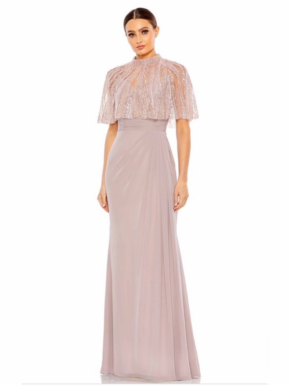 Mac Duggal Blush Pink Lace Cape Maxi Gown